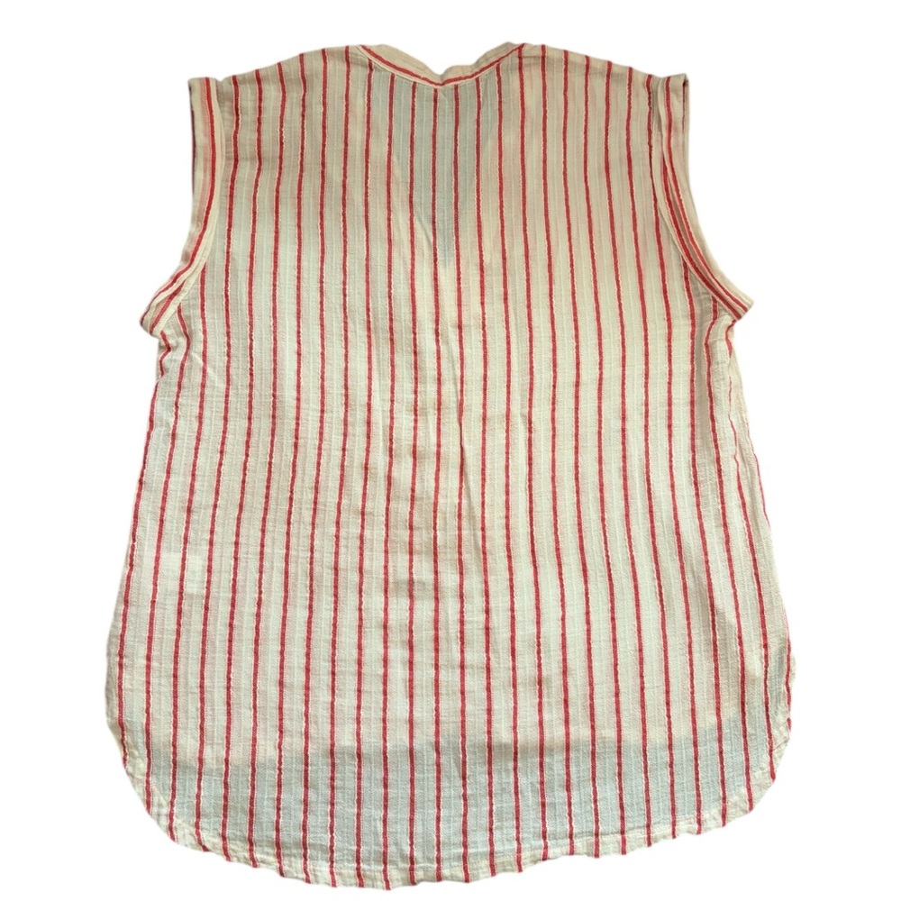 Striped Cuffed Sleeveless Blouse V-Neck Cream Red Systemaction Size XL - Picture 2 of 7